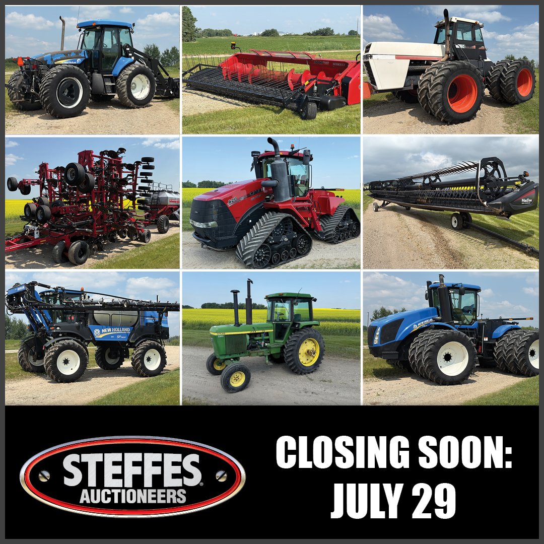 SteffesGroup's tweet image. Bid now on this Equipment Auction located in Belcourt & Mandan, ND! The Brian Berube Estate Equipment Auction closes soon. Don’t miss your chance to bid on a late-model Case IH 620 Quadtrac, 8250 Combine, Swathers, Air Seeders, Tillage, and more! Click here to learn more:…