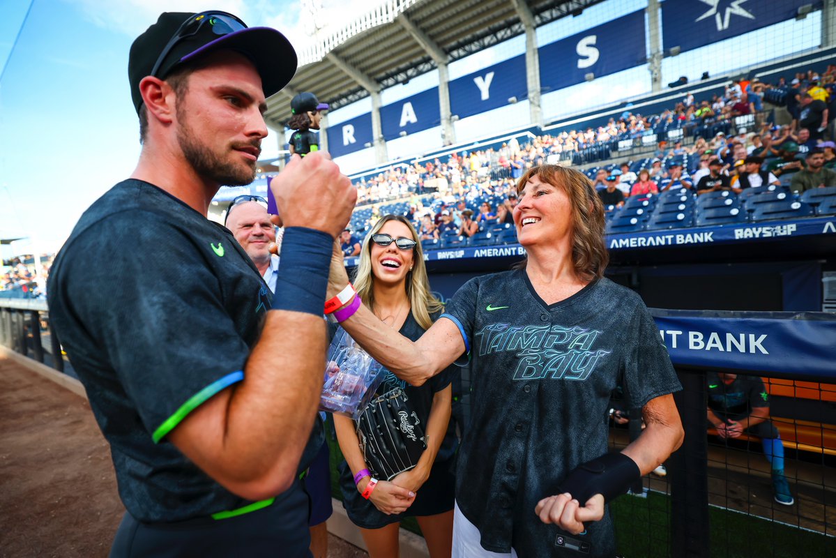 RaysBaseball's tweet image. When your mom comes to throw out the first pitch on your bobblehead night 馃ス