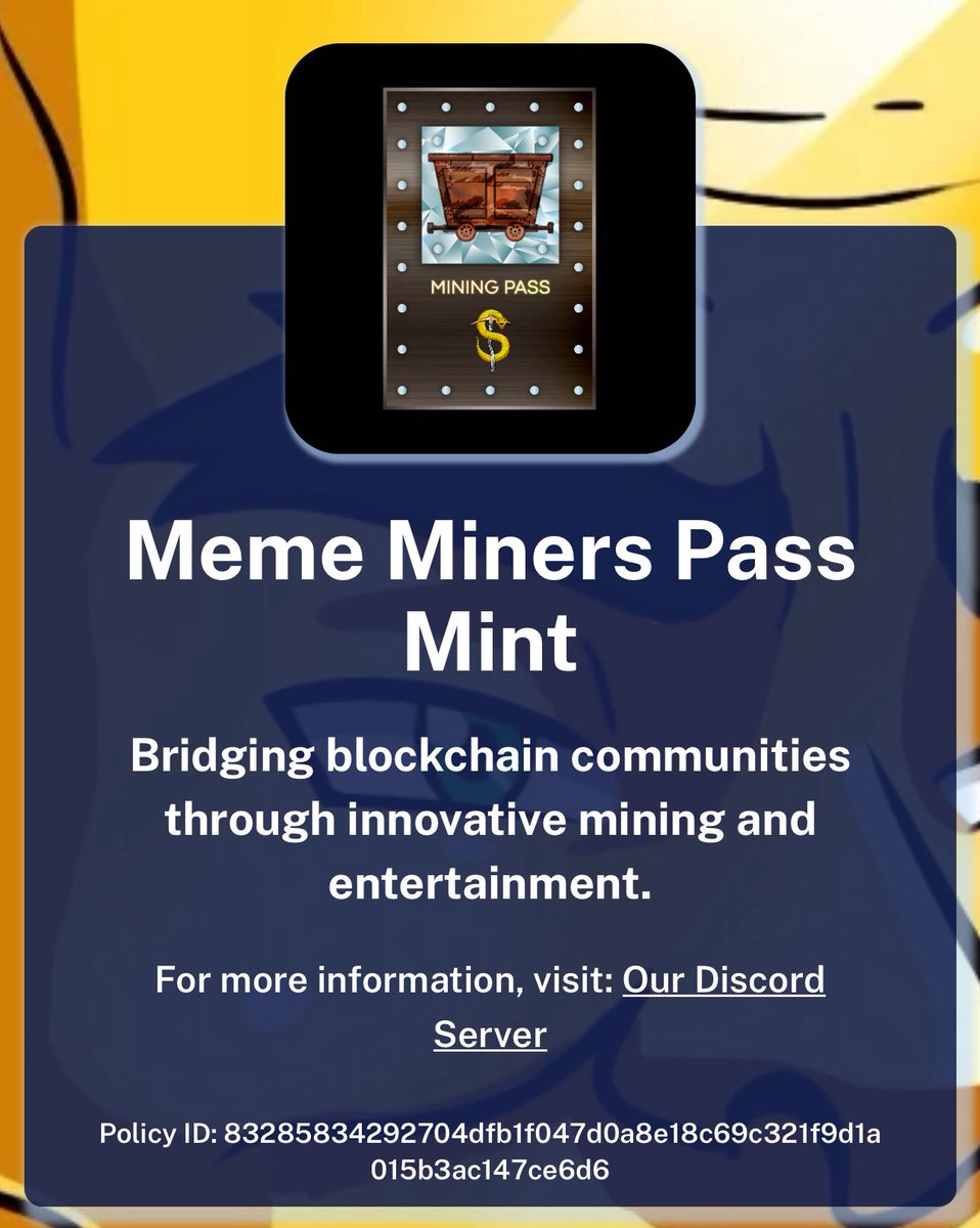 ⏳ Final Countdown ⏳

The Whitelist Mint ends in under 12 hours!
🛑 Deadline: July 23 @ 09:00 UTC

🚀 (Partners and Mine holders) Phase 2 begins immediately after at 09:00 UTC on 7/23
💰 Price: 50 ADA |  

🎖️ Diamond = 10M | Gold = 1M | Silver = 250K | Bronze = 100K
💠 Earn