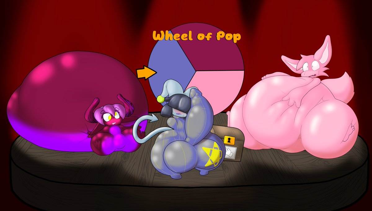 Fluffnutte's tweet photo. A simple game where you get on stage with me, and we spin the wheel! Whoever's color the wheel lands on gets inflated for a bit, and then we spin the wheel again and again until only one person hasn't gone boom!

... Wait, I thought we rigged the wheel so it wouldn't land on me! https://t.co/RHEDn3Qlyn
