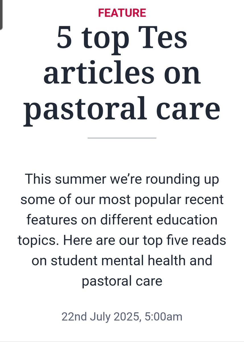 ‼️ A GREAT round-up in <a href="/tes/">Tes magazine</a> of 5 excellent articles about pastoral support / pupil #MentalHealth. Definitely recommend adding these to your summer reading lists. Articles relevant to both #primaryschool &amp; #secondaryschool teachers tes.com/magazine/teach… 

#MentalHealthMatters