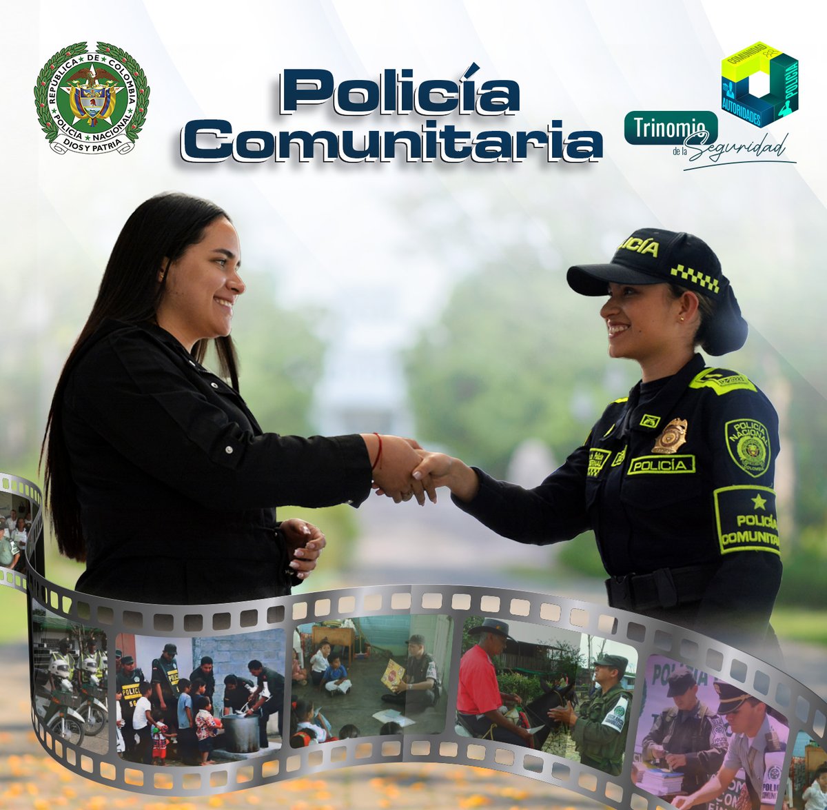 Con nuestra #PolicíaComunitaria, ciudadanía y autoridades, fortalecemos la seguridad y promovemos la sana convivencia en los territorios del país 🇨🇴.🤝 Juntos como #TrinomioDeLaSeguridad.
#ServicioDePolicía