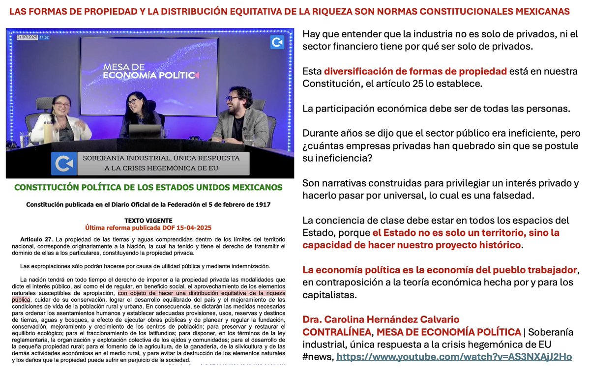luisesperanto's tweet image. "La industria no es solo de privados, ni el sector financiero tiene por qué ser solo de privados.”
“Esta diversificación de formas de propiedad está en nuestra Constitución, el artículo 25 lo establece.”
Dra. Carolina Hernández Calvario
youtube.com/watch?v=AS3NXA…