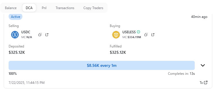 StalkHQ's tweet image. A smart trader just bought $325.12k worth of #USELESS @theuselesscoin
In the last 2 hours, the trader has bought a total of $650.24K worth of tokens