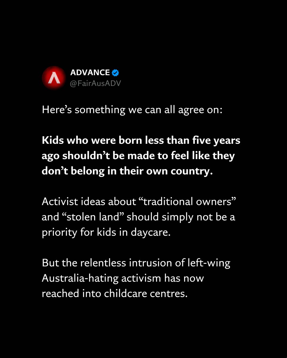 FairAusADV's tweet image. It’s clear Aussies have had enough.
Coming for our kids has to be the last straw.
And this racial division has to end.
Read our blog: advanceaustralia.org.au/daycares_stoki…