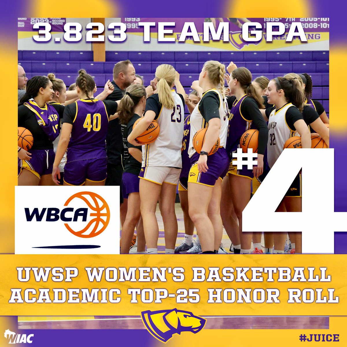 UWSPWBB's tweet image. Classroom || Competition || Community

We strive to be CHAMPIONS in all 3️⃣ areas, but without question Academics ✏️ always comes first @UWStevensPoint 
 
Ranked 4️⃣ in the Nation via @WBCA1981 🏀 with an overall TEAM GPA of 3.823‼️

Total. TEAM. Effort ✅

💜 #Pointers 💛 #JUICE🧃