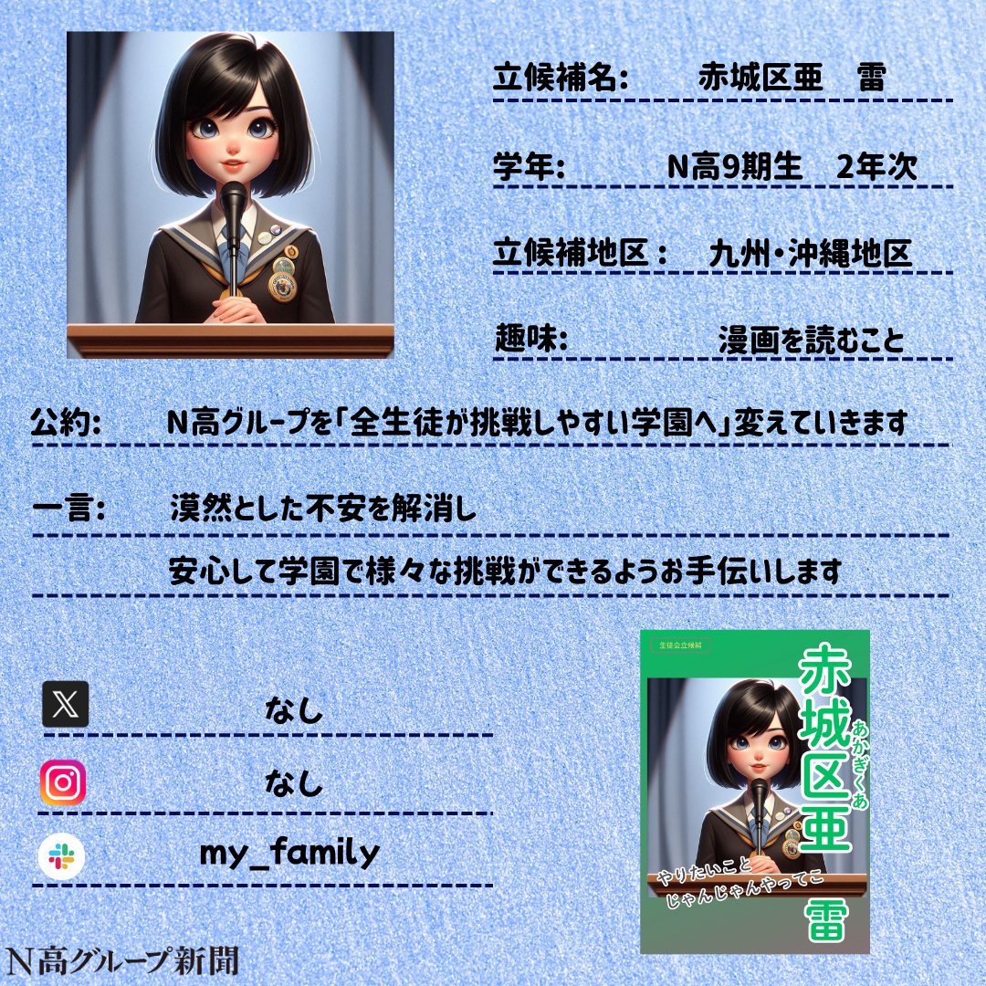 nshighnewspaper's tweet image. 【生徒会役員選挙立候補者プロフィール帳大公開!】
投票終了まであと少しの #生徒会役員選挙 。
#N高グループ新聞 のXでは立候補者から募集したプロフ帳を載せていきます!🙌✨
一人目
しぶんぎ座さん
投資部・マイプロ・美術部に所属しています
二人目
赤城区亜 雷さん
三人目
ねぎとろさん…