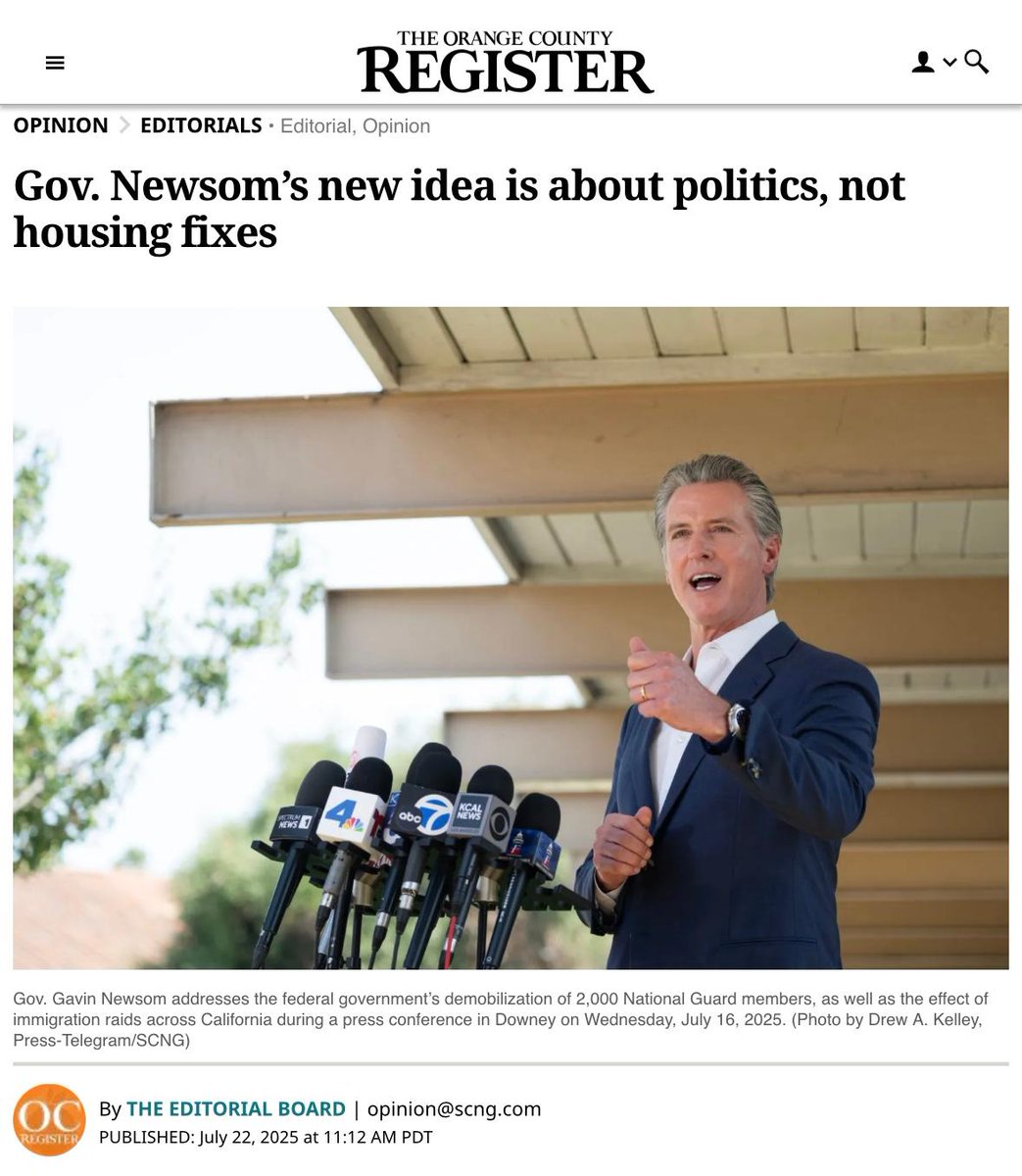 AsmRepublicans's tweet image. “…we doubt anyone is buying the idea that a new housing and homelessness agency is anything more than an effort to blunt criticism on the political front.”
@ocropinion
ocregister.com/2025/07/22/gov…