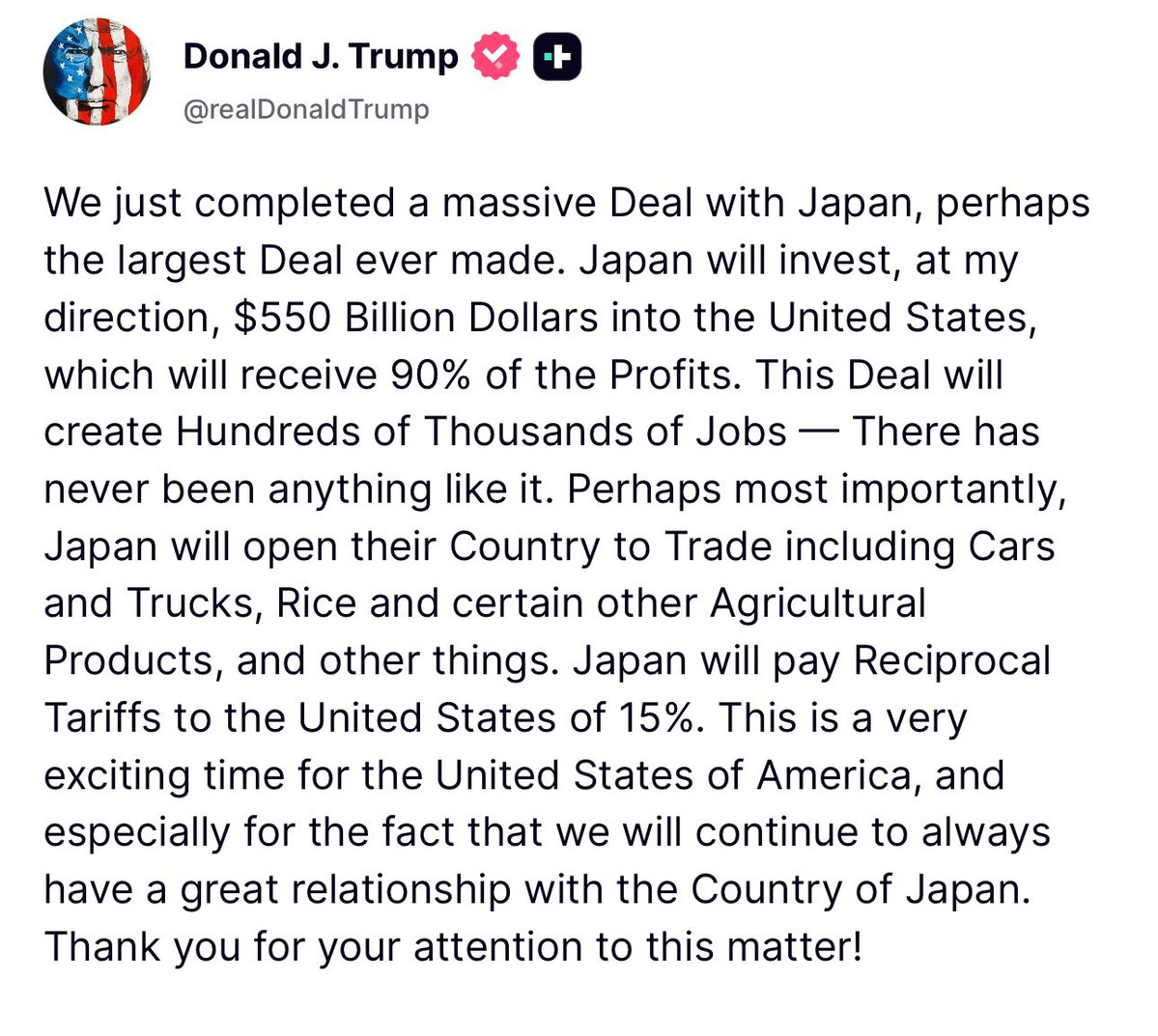 Cheryl4moco's tweet image. Trump secures trade deal with Japan! 500 billion in US investment and hundreds of thousands of jobs… this is Amazing!