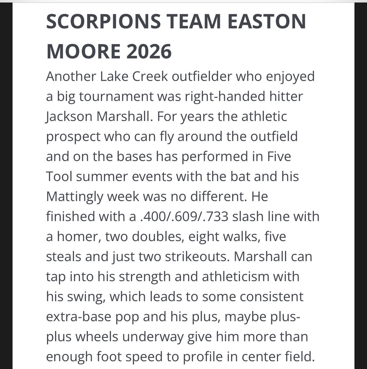 Jackson Marshall (@jksnmarshall) on Twitter photo Thank you <a href="/DustinLMcComas/">Dustin McComas</a> for the write up! Always a great tournament.
<a href="/ScorpionsBsb1/">Scorpions HS Baseball</a> <a href="/LakeCreekBall/">Lake Creek Baseball</a> <a href="/andreworr46/">Andrew Orr</a> <a href="/NextLVLSouth/">Next Level Prospects South</a>
<a href="/nextlevelbb/">Next Level Baseball</a> <a href="/bvanland/">Brooks Vanlandingham</a> <a href="/FiveToolTexas/">✭Five Tool Texas✭</a> Thank you <a href="/DustinLMcComas/">Dustin McComas</a> for the write up! Always a great tournament.
<a href="/ScorpionsBsb1/">Scorpions HS Baseball</a> <a href="/LakeCreekBall/">Lake Creek Baseball</a> <a href="/andreworr46/">Andrew Orr</a> <a href="/NextLVLSouth/">Next Level Prospects South</a>
<a href="/nextlevelbb/">Next Level Baseball</a> <a href="/bvanland/">Brooks Vanlandingham</a> <a href="/FiveToolTexas/">✭Five Tool Texas✭</a>