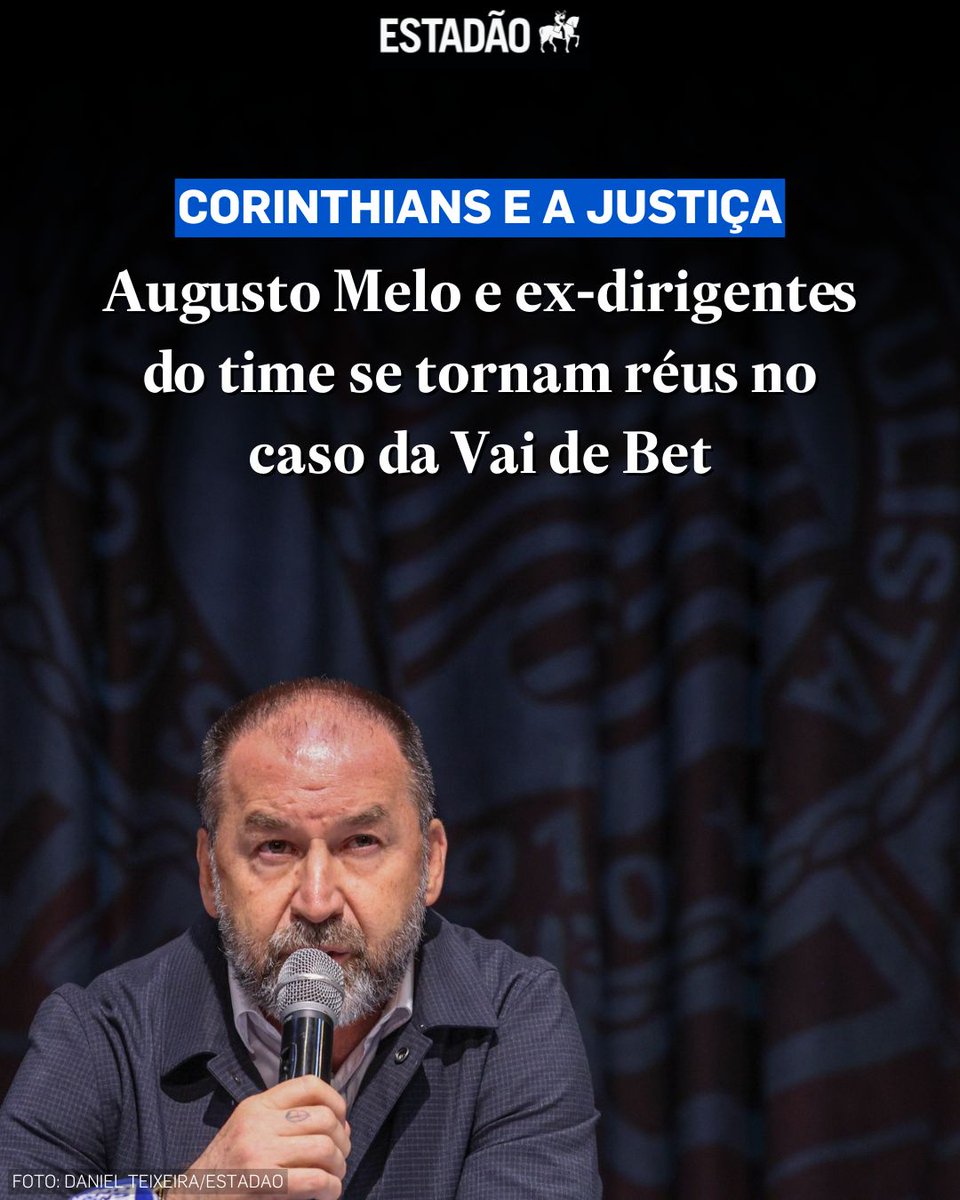 Estadao's tweet image. CORINTHIANS E A JUSTIÇA
Augusto Melo e ex-dirigentes do time se tornam réus no caso da Vai de Bet; defesa de Melo ainda não se manifestou > bit.ly/4lRkpFd