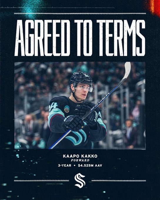a graphic featuring a photo of kaapo kaako in a seattle kraken uniform along with the following text: agreed to terms. kaapo kaako, forward, 3-year x $4.525million aav 