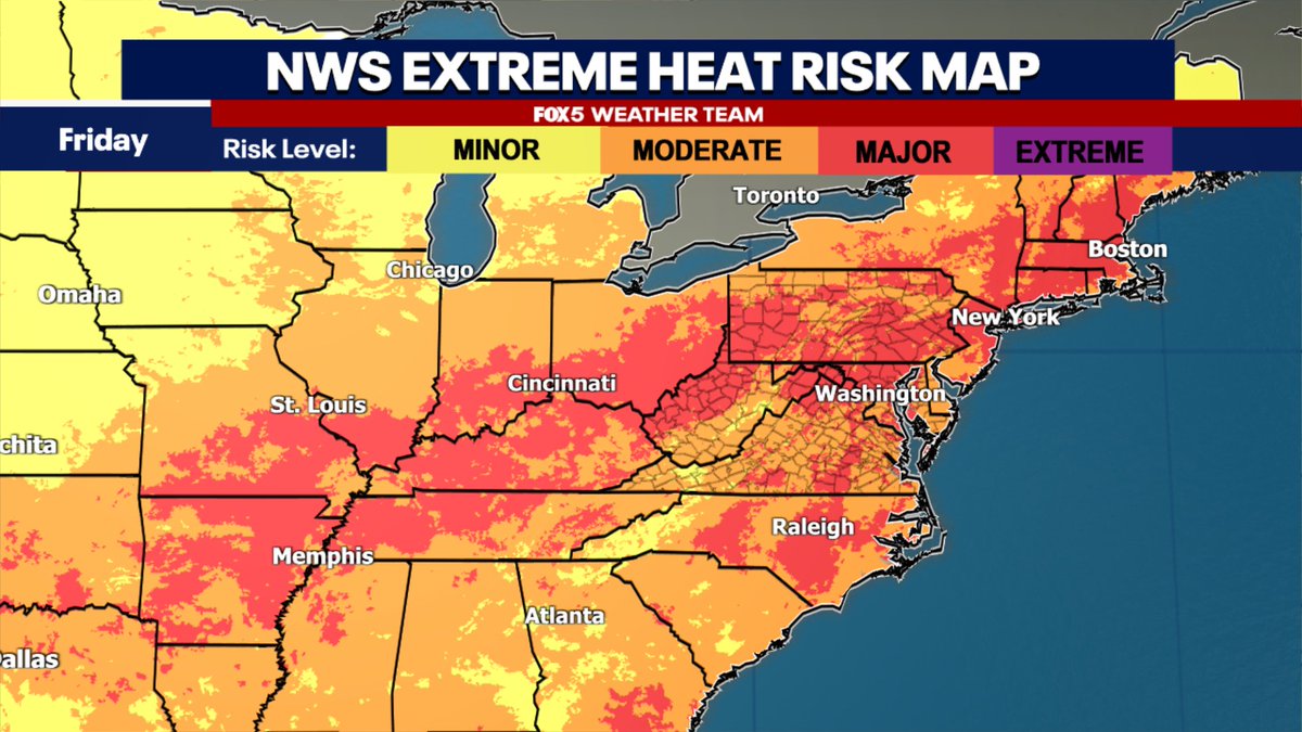 MikeTFox5's tweet image. NWS heat risk at category 3 of 4 "major" for both Friday & Saturday. Likely going to be heat advisory level heat around the DC region both days at heat index values above 105°F seem possible. 🔥
Plan ahead to keep yourself cool! 🌡️