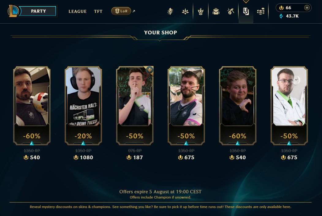 GuMo!😊

Wir haben gerade unseren Shop im Client aufgemacht, aber das sind wilde Skins!

Was war bei euch drin und wie würdet ihr diese Skins nennen?