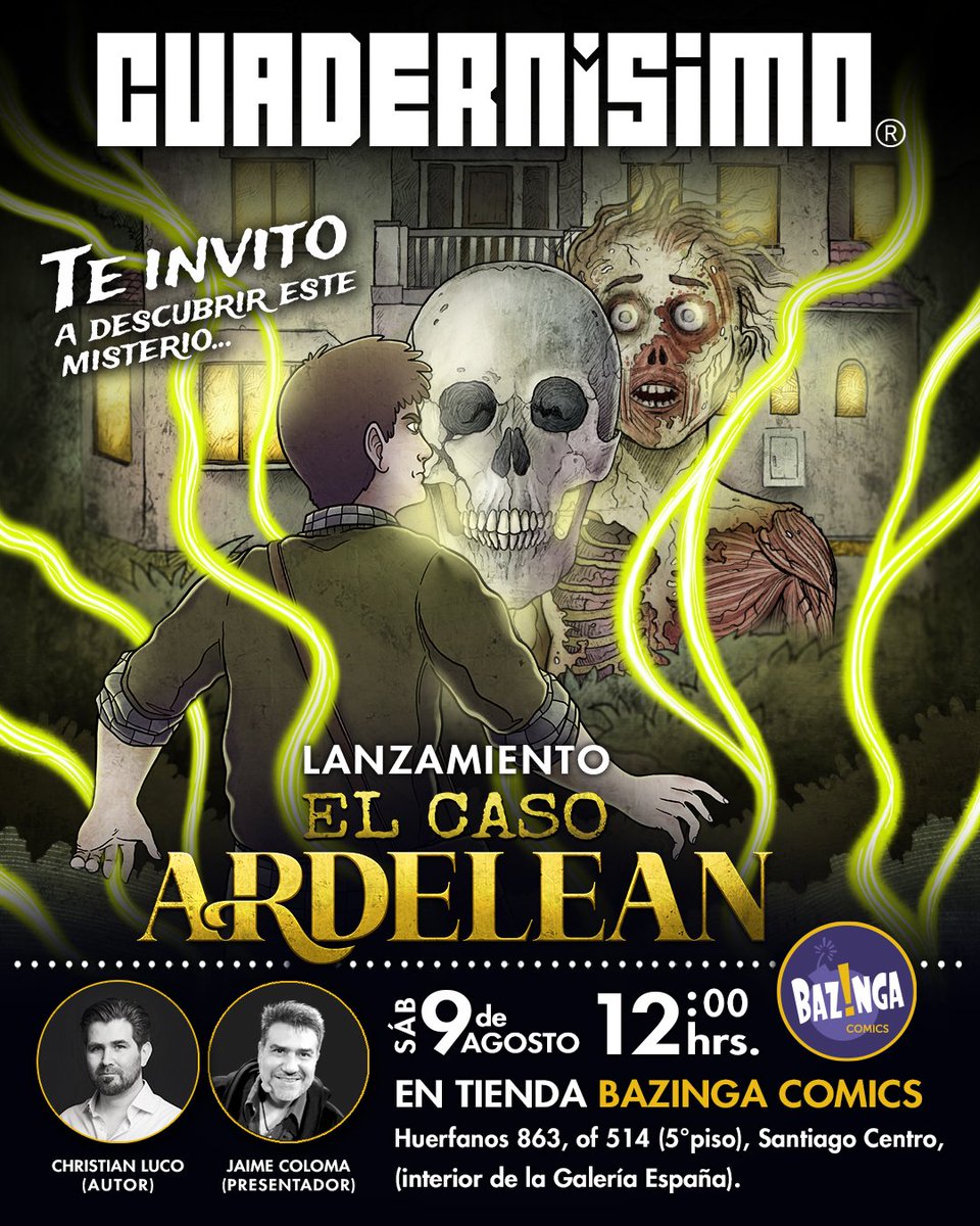 Cuadernísimo® (@cuadernisimo) on Twitter photo Te invitamos al lanzamiento de El caso Ardelean!
🗓️ Sábado 9 de agosto
⌛ 12:00hrs
📍 Tienda Bazinga (Huérfanos 863 of 514 piso5) Galería España, Santiago.
Presenta <a href="/JaimeColomaT/">Jaime Coloma T.</a> y su autor, <a href="/ChLuco/">Christian Luco 🌳</a>.
Ven a conocer esta novela gráfica llena de horror y misterio. Te invitamos al lanzamiento de El caso Ardelean!
🗓️ Sábado 9 de agosto
⌛ 12:00hrs
📍 Tienda Bazinga (Huérfanos 863 of 514 piso5) Galería España, Santiago.
Presenta <a href="/JaimeColomaT/">Jaime Coloma T.</a> y su autor, <a href="/ChLuco/">Christian Luco 🌳</a>.
Ven a conocer esta novela gráfica llena de horror y misterio.