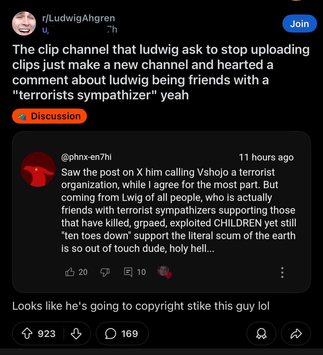 Awk20000's tweet image. One of Ludwig’s clip channels liked a comment calling him out for his “VShojo is a terr*rist organization” tweet
r/ludwig reacts
“Tons of drama frogs lately..why now?”
“Tectone has been making far-right drama videos trying to bash Hasan”
“That r*pist has annoying fanbse”