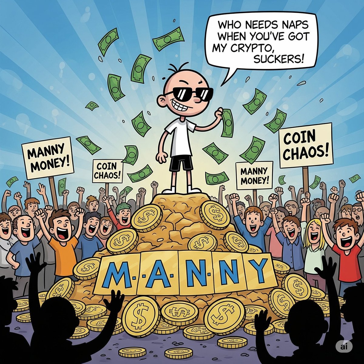 Alright, listen up, you penny-pinching Wimpy Kid fans! It’s your boy, Manny, aka MONEY, droppin’ some serious coin chaos!  My big, shiny crypto project, $MANNY, is about to hit the world this weekend—Saturday or Sunday, whenever I feel like it, ‘cause I’m a toddler with power,