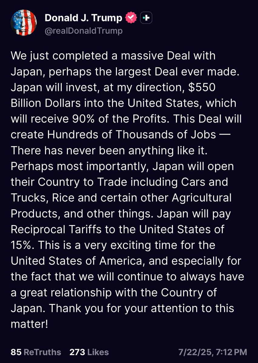 FinancialPress_'s tweet image. 🚨BREAKING: President Trump announces a trade deal with Japan
“Perhaps the largest deal ever made”
$550 billion investment in which the US will get 90% of the profits and a 15% “reciprocal tariff” on Japanese goods imported to the US.