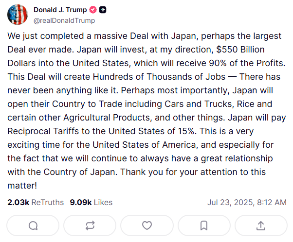 koryodynasty's tweet image. Trump announces on Truth Social that Japanese imports will now face 15% tariff. South Korea will be watching closely and expecting similar or better.