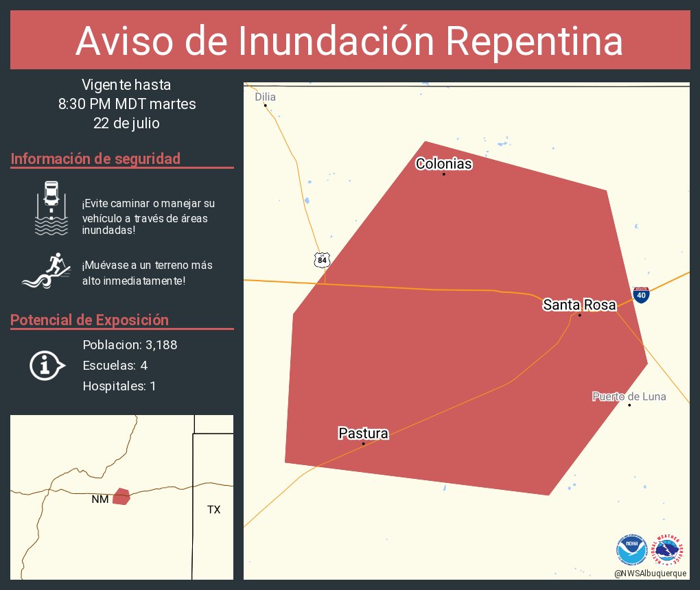 NWSAlbuquerque's tweet image. Aviso de Inundación Repentina incluye Santa Rosa NM, Pastura NM, Colonias NM hasta las 8:30 PM MDT