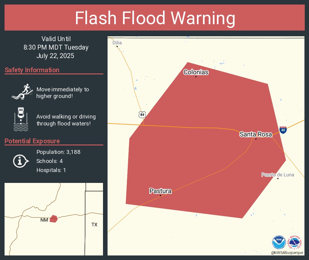 NWSAlbuquerque's tweet image. Flash Flood Warning including Santa Rosa NM, Pastura NM and Colonias NM until 8:30 PM MDT