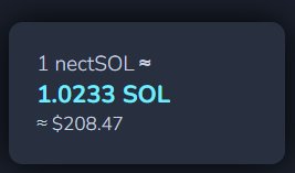 nectSOL 价值显示，1 nectSOL 等于 1.0233 SOL，约合 208.47 美元