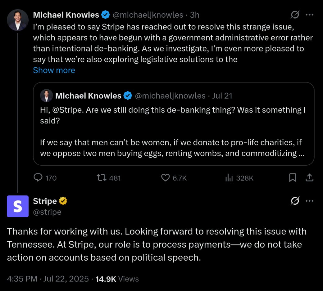 XJosh's tweet image. Stripe previously said they had a "legally enforced order" (not a "court order" so bank or card network), now it's a "mistake".
@Stripe is owned by 2 Irishmen. Why do @patrickc and @collision decide which Americans get to make money? They should be arraigned for terrorism.