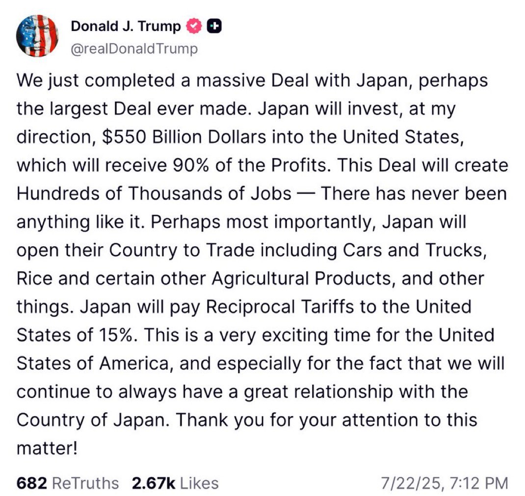 exec_sum's tweet image. BREAKING: Trump announces a “massive” trade deal with Japan — 15% reciprocal tariffs and a $550B investment into the US.