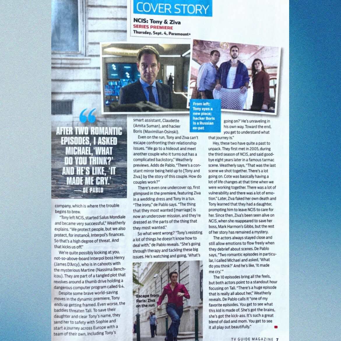 NCISTivaFans's tweet image. Things are heating up 🔥
We are so excited to share this exclusive first look at TV Guide Magazine’s interview with @M_Weatherly and Cote de Pablo, where they preview their highly anticipated new series, #NCISTonyAndZiva
Keep your eyes open! This edition hits stands next week…