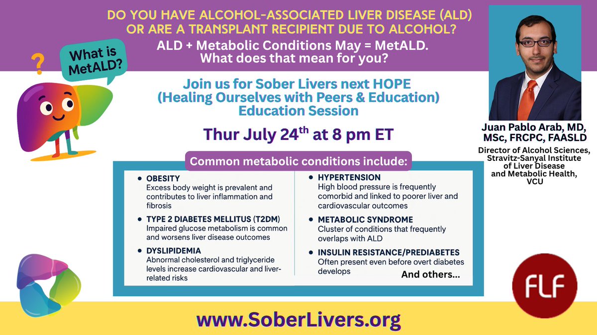 SoberLivers's tweet image. 📣#MetALD: An Emerging Diagnosis Changing #ALD Care Pre- & Post-Transplant, featuring, leading expert, Dr. Juan Pablo Arab, 07/24, 8pm ET on Zoom.
Share with patients!
To receive an invite, join our no-cost community!
bit.ly/3IFhLnm
#LiverTwitter #Cirrhosis #FattyLiver