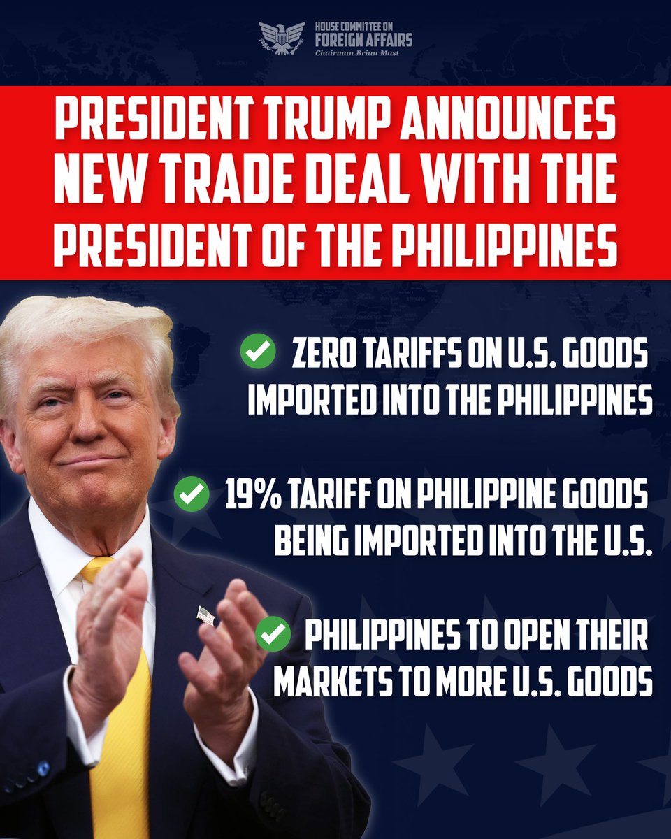 HouseForeignGOP's tweet image. President Trump met with @bongbongmarcos earlier today.
A new trade deal was announced between the U.S. 🇺🇸 and the Philippines 🇵🇭!
ZERO tariffs on American goods, 19% tariffs on Philippine imports to protect American businesses and increased Philippine access to American…