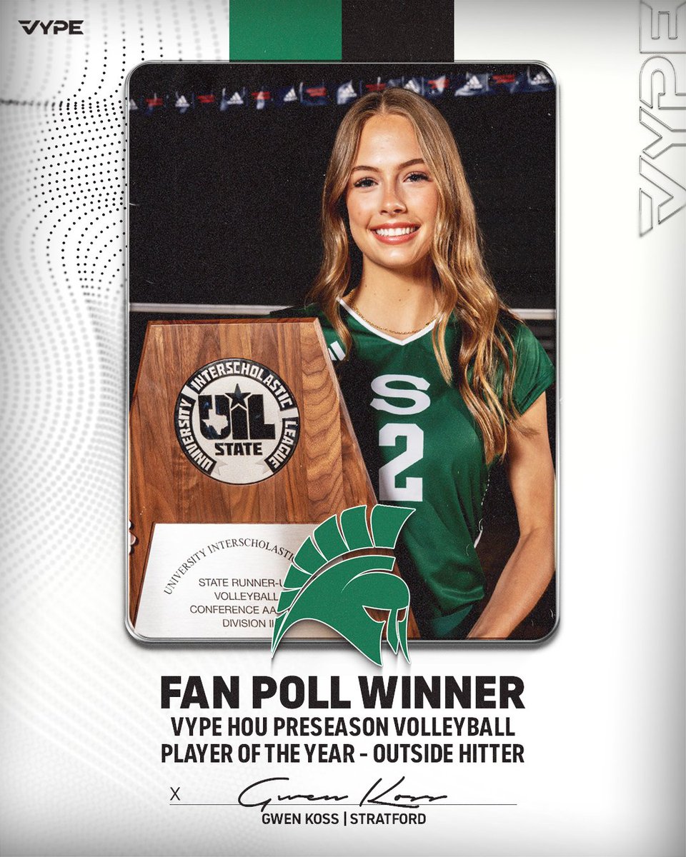 VYPE Houston (@vypehouston) on Twitter photo Congratulations to the winner of our recent VYPE HOU 2025 Preseason OH of the Year🏐🏆 fan poll -- Gwen Koss (Stratford) -- who was voted on this past week!
<a href="/StratfordVball/">Stratford Volleyball</a> <a href="/GwenythKoss/">Gwenyth Koss</a> Congratulations to the winner of our recent VYPE HOU 2025 Preseason OH of the Year🏐🏆 fan poll -- Gwen Koss (Stratford) -- who was voted on this past week!
<a href="/StratfordVball/">Stratford Volleyball</a> <a href="/GwenythKoss/">Gwenyth Koss</a>