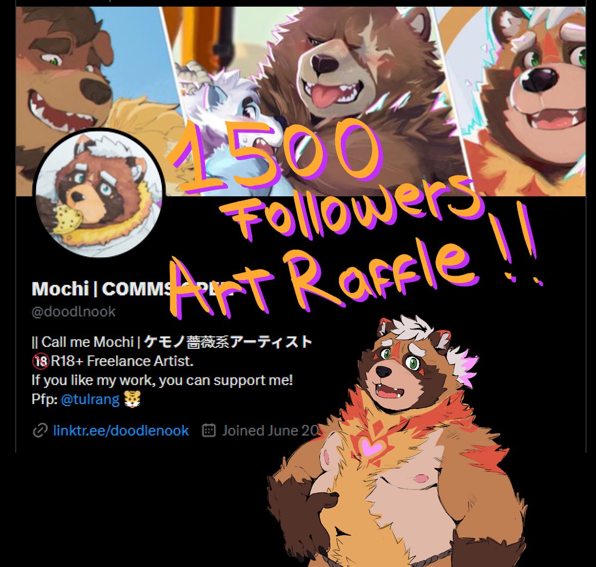 We reached another big number ❣️ Thank you for the support!

Raffle time for a colored portrait!

🦝 How to enter the raffle:  
- Follow   
- Like &amp; Repost   
- Comment your OC or character you want me to draw! 

Good luck!

2 winners, ends on August 1st!