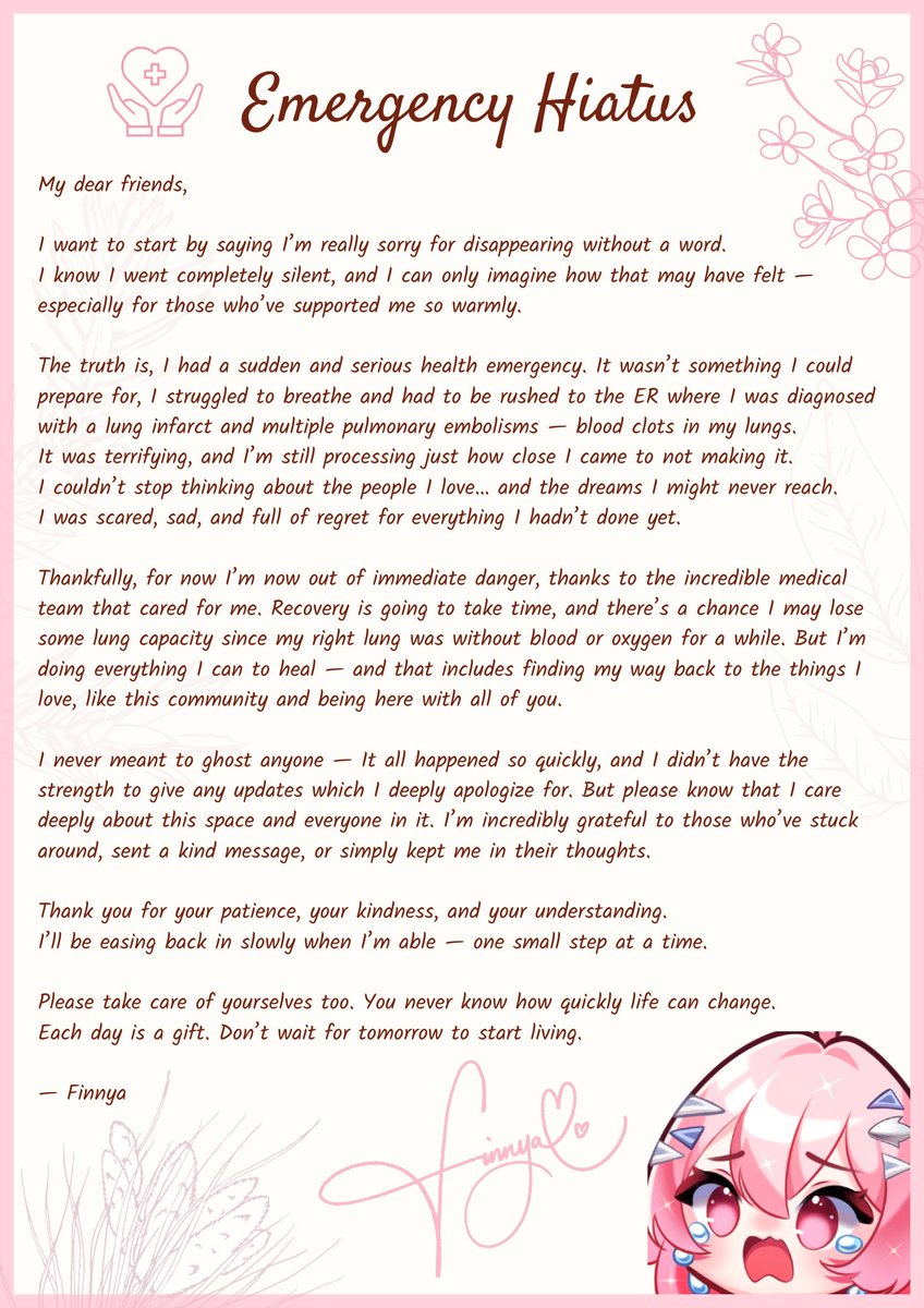 FinnyaVT's tweet image. This post is difficult to write, sometimes life takes a turn you never see coming — and recently, it did for me.

Thankyou, guppies, for always being my light in the dark. I promise I will heal. I promise I will be back. 

Please, wait for me. 🩷🪽