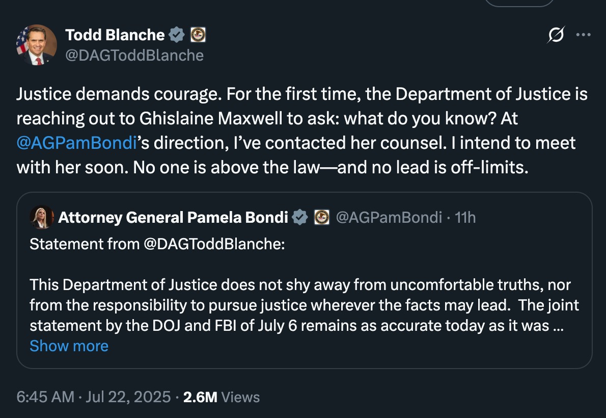 bearsaremean's tweet image. oh my god what a fucking idiot. he thinks hes a detective in a john grisham book.
and if I led the DOJ and closed the Epstein case without talking to the person at the center of it, I probably would have just kept that to myself, hope no one noticed.