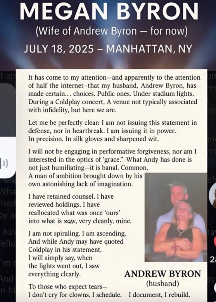 😂😂…Watch the internet think this is real. You know it’s  fake because they talk about him quoting ColdPlay. Lol. Astronomer even put out a statement and said that he had not put out a statement. Both are fake.