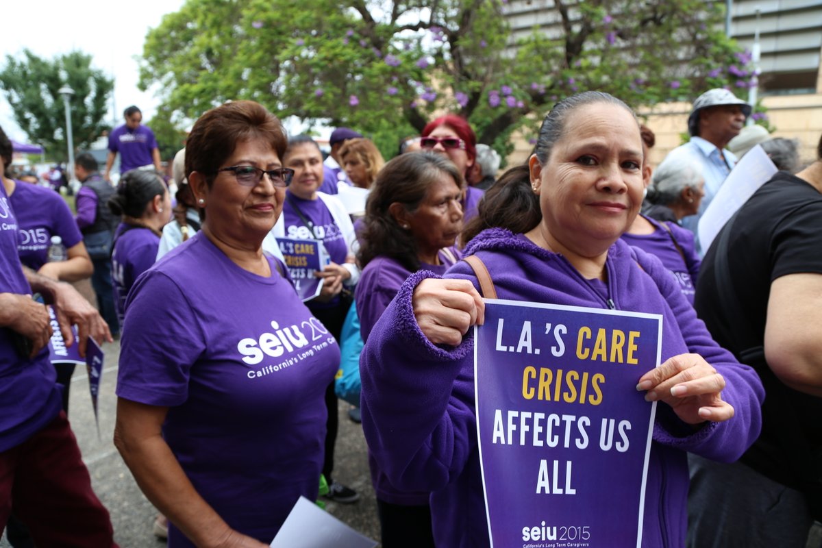 SEIU2015's tweet photo. Today, LA County home care workers gathered at the @lacountybos to send a clear message to 🗣 #HildaLSolis #HollyJMitchell #LindseyPHorvath #JaniceHahn #KathrynBarger : It’s time for the county’s largest low-wage workforce to receive Quality Wages for Quality Home Care! 💜 https://t.co/gq4mbNahWx