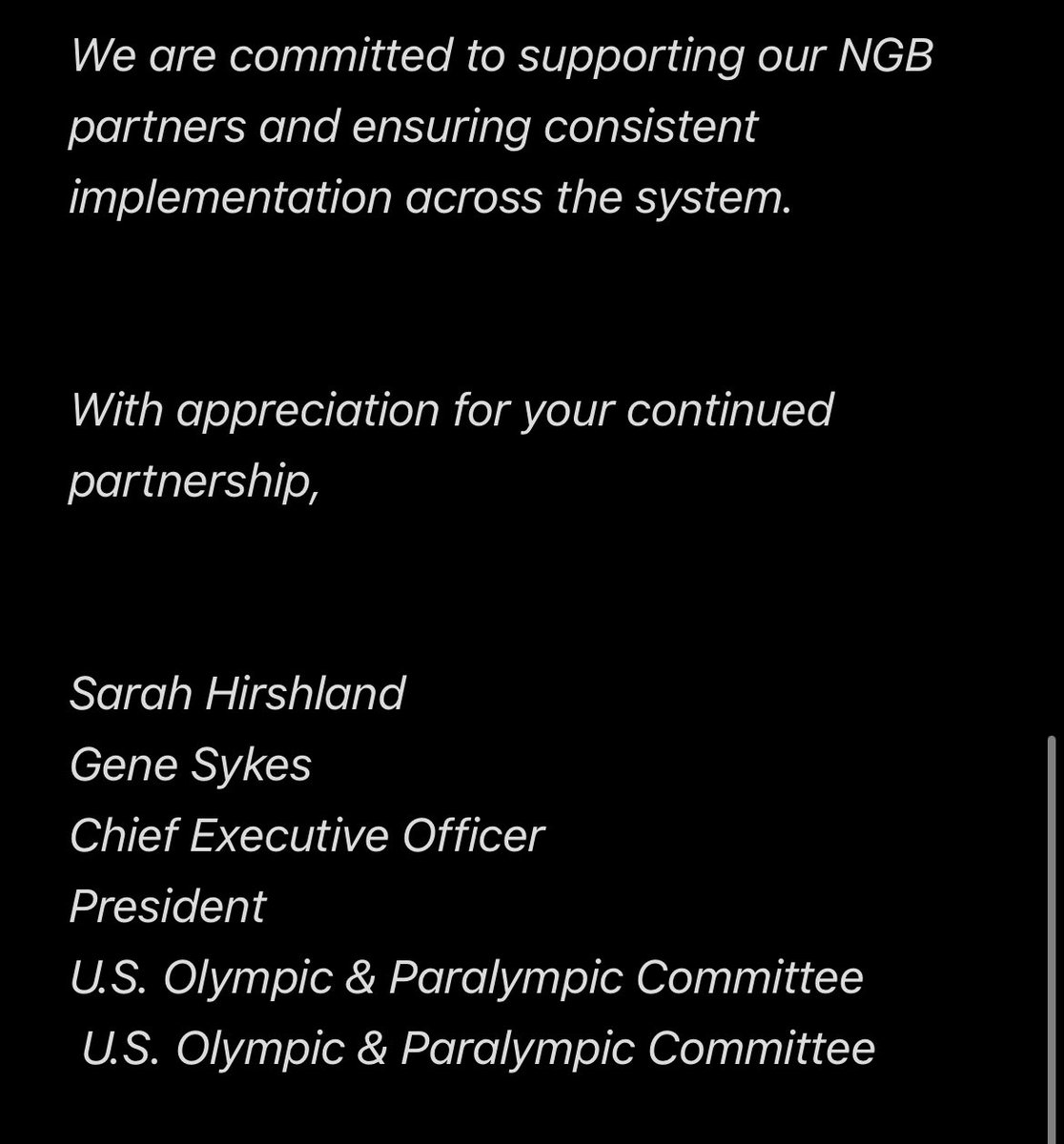 ECampbell360's tweet image. JUST IN: Following the update to the policy that excludes transgender athletes from competing, USOPC leadership sent the following letter to the #TeamUSA community.
Key sentence; “As a federally chartered organization, we have an obligation to comply with federal expectations.”