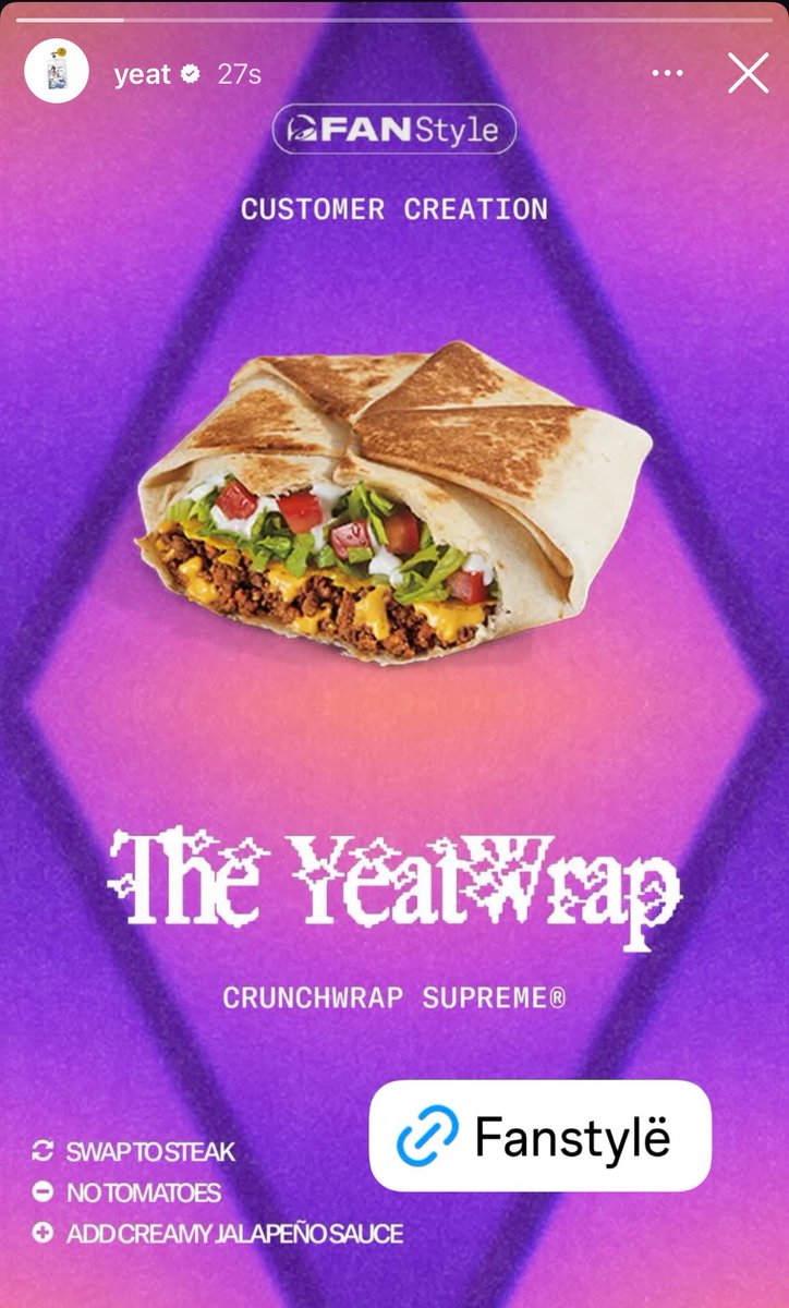 Kurrco's tweet image. Yeat and Taco Bell launch new FanStylë program with 'The YeatWrap' 🔔
Fans can make their own custom menu item, and one will be chosen for the permanent Taco Bell menu 👀