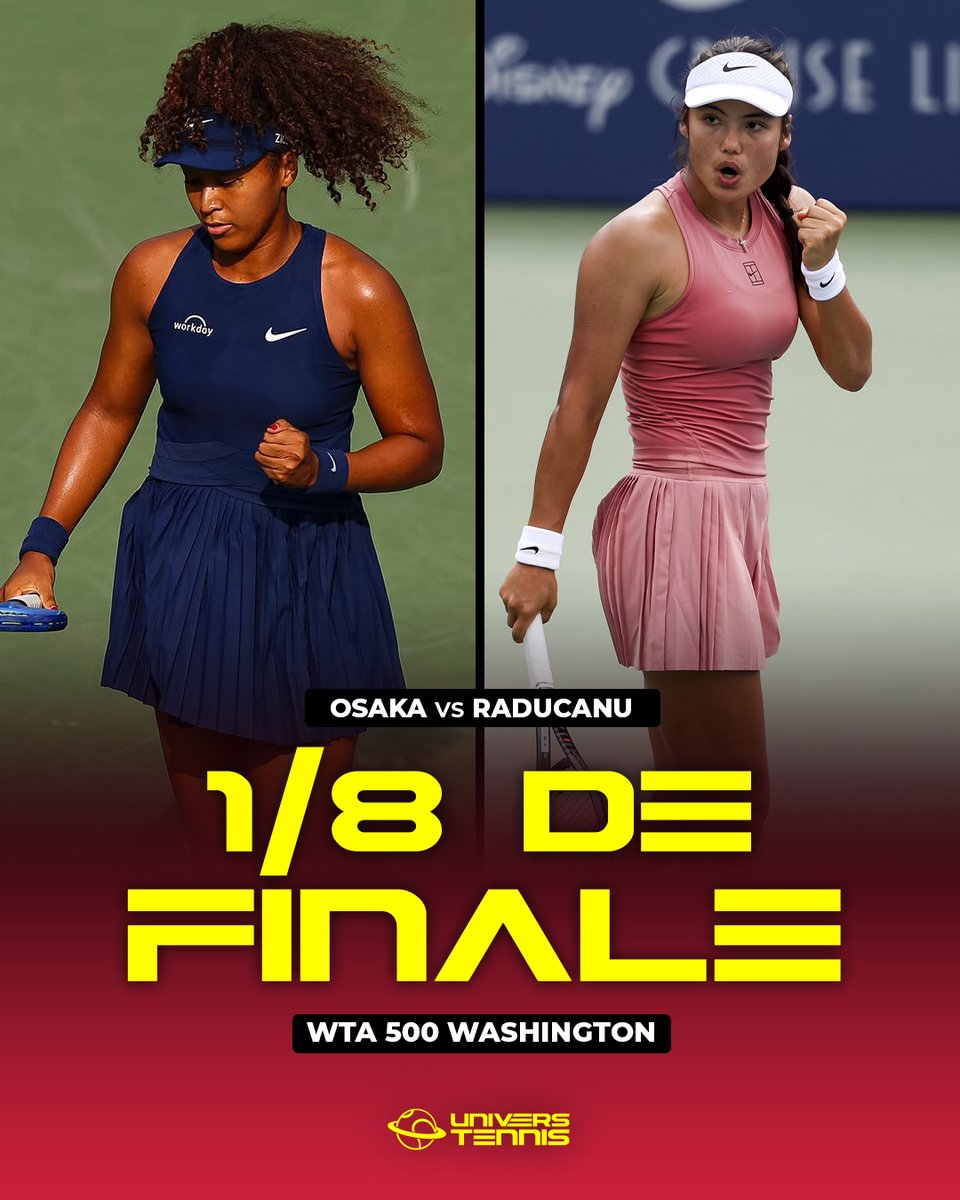 UniversTennis's tweet image. 🔒 1/8 DE FINALE - WTA 500 WASHINGTON 🇺🇸
🇯🇵 OSAKA ⚡️ RADUCANU 🇬🇧
Duel de championnes en Grand Chelem dans la capitale. 🍿