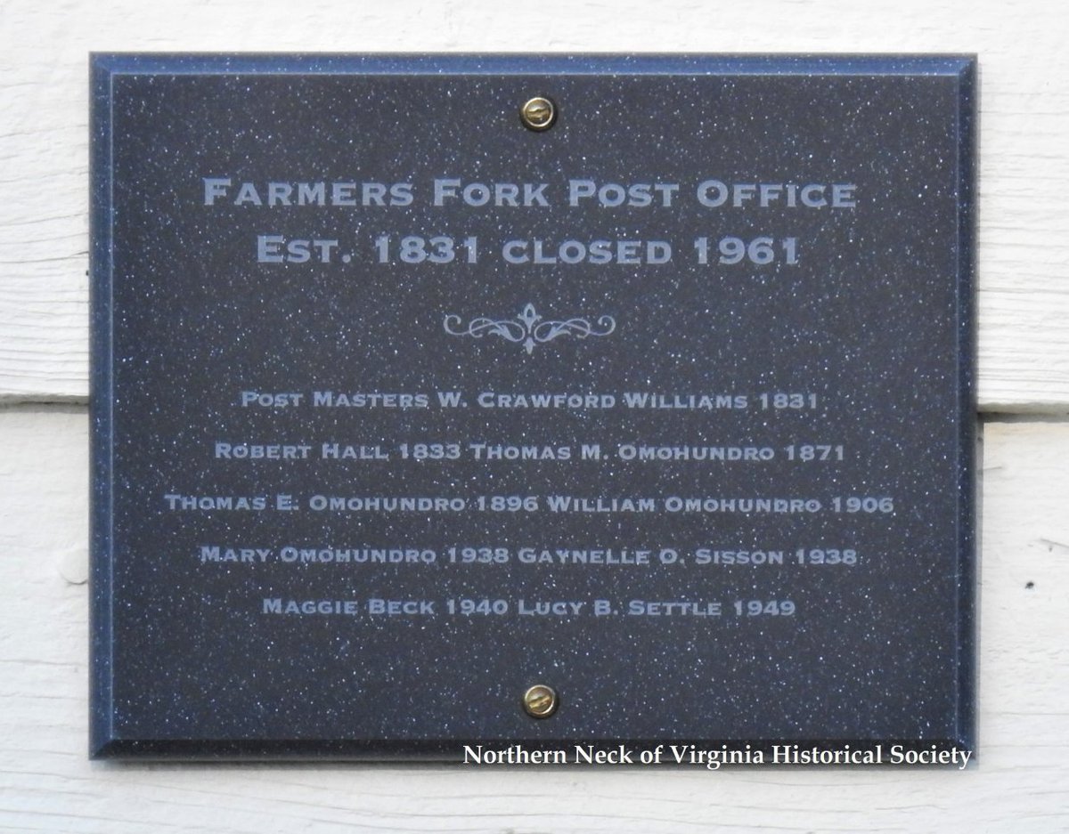 Farmers Fork Post Office, Richmond County, Virginia,
Est. 1831

Postmasters
W. Crawford Williams 1831, Robert Hall 1833, Thomas M. Omohundro 1871, Thomas E. Omohundro 1896, William Omohundro 1906, Mary Omohundro 1938,
Gaynelle O. Sisson 1938, Maggie Beck 1940, Lucy B. Settle 1949