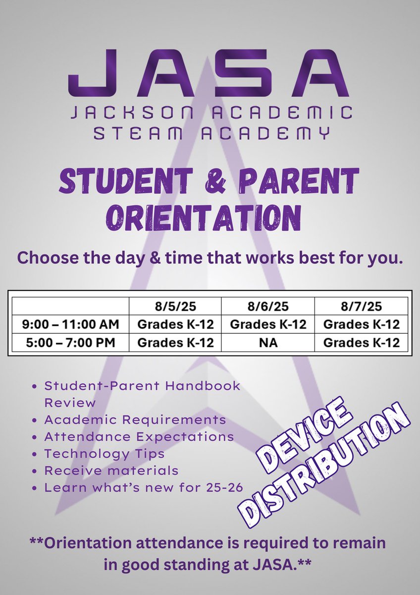 Mr. Michael Morris (@jasarockets) on Twitter photo Rockets! Check out the info about mandatory BTS Orientation Week:
8/5 - 9 AM or 5 PM
8/6 - 9 AM
8/7 - 9 AM or 5 PM
Choose the day and time best for you!
<a href="/mbm_morris/">Michael Morris</a> <a href="/JASA_IC/">Carolyn Stephenson</a> Rockets! Check out the info about mandatory BTS Orientation Week:
8/5 - 9 AM or 5 PM
8/6 - 9 AM
8/7 - 9 AM or 5 PM
Choose the day and time best for you!
<a href="/mbm_morris/">Michael Morris</a> <a href="/JASA_IC/">Carolyn Stephenson</a>