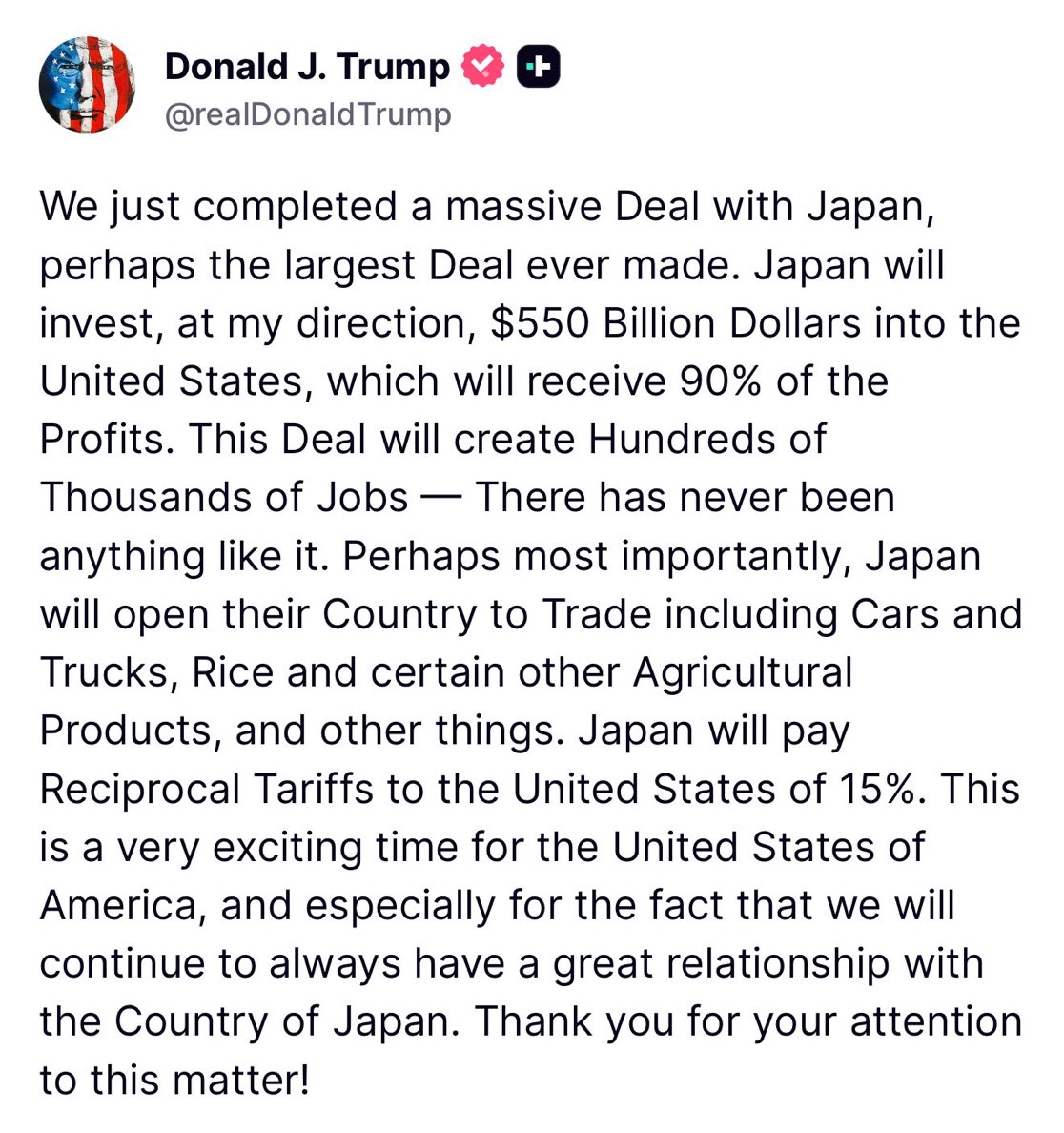 AZ_Intel_'s tweet image. U.S. President Donald Trump on Tuesday announced a trade deal with Japan that he said will result in Japan investing $550 billion into the United States and paying a 15% reciprocal tariff.
In a post on Truth Social, Trump added that Japan will open to trade, including cars,…