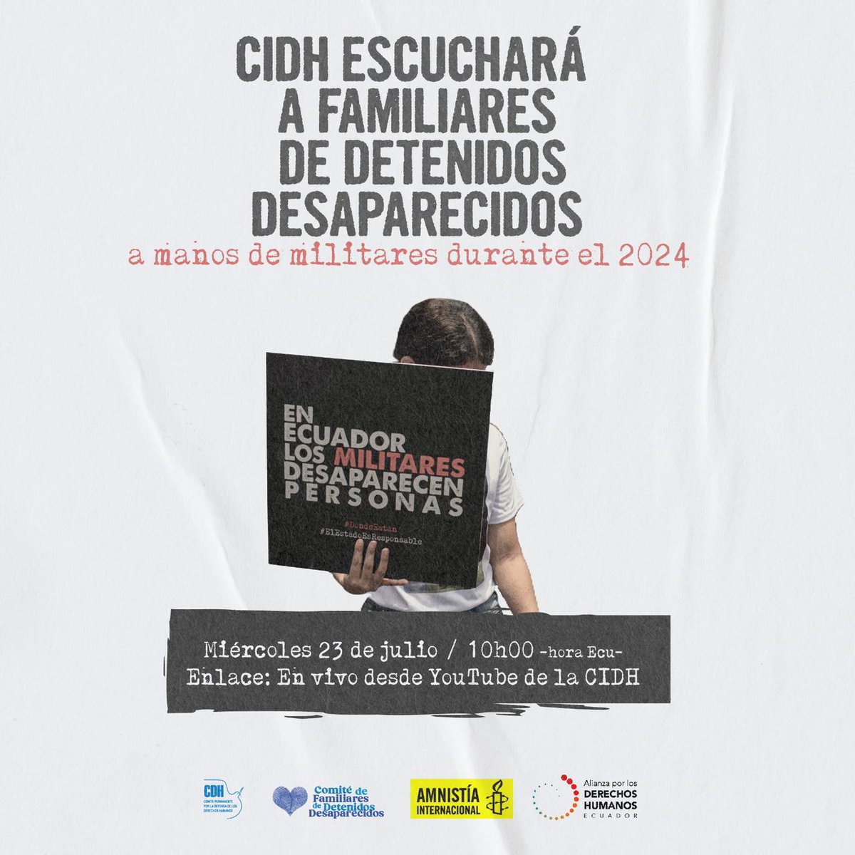 CDH.GYE (@cdhgye) on Twitter photo 📢 #AudienciaCIDH | Mañana a las 10h00 (hora Ecuador), la <a href="/CIDH/">CIDH - IACHR</a> escuchará en audiencia pública a familiares de víctimas de desaparición forzada ocurridas en 2024 a manos de la <a href="/FFAAECUADOR/">Fuerzas Armadas del Ecuador</a>.
🔴 Sigue la transmisión en vivo por el canal de YouTube de la CIDH. 📢 #AudienciaCIDH | Mañana a las 10h00 (hora Ecuador), la <a href="/CIDH/">CIDH - IACHR</a> escuchará en audiencia pública a familiares de víctimas de desaparición forzada ocurridas en 2024 a manos de la <a href="/FFAAECUADOR/">Fuerzas Armadas del Ecuador</a>.
🔴 Sigue la transmisión en vivo por el canal de YouTube de la CIDH.