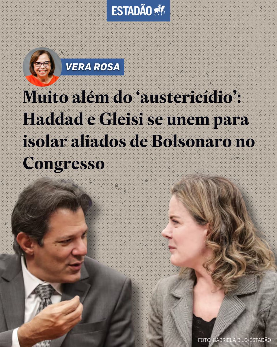 Estadao's tweet image. OPINIÃO | VERA ROSA
"Muito além do ‘austericídio’: Haddad e Gleisi se unem para isolar aliados de Bolsonaro no Congresso"
✍️ Leia a coluna completa no site do Estadão > bit.ly/4kOSjZN