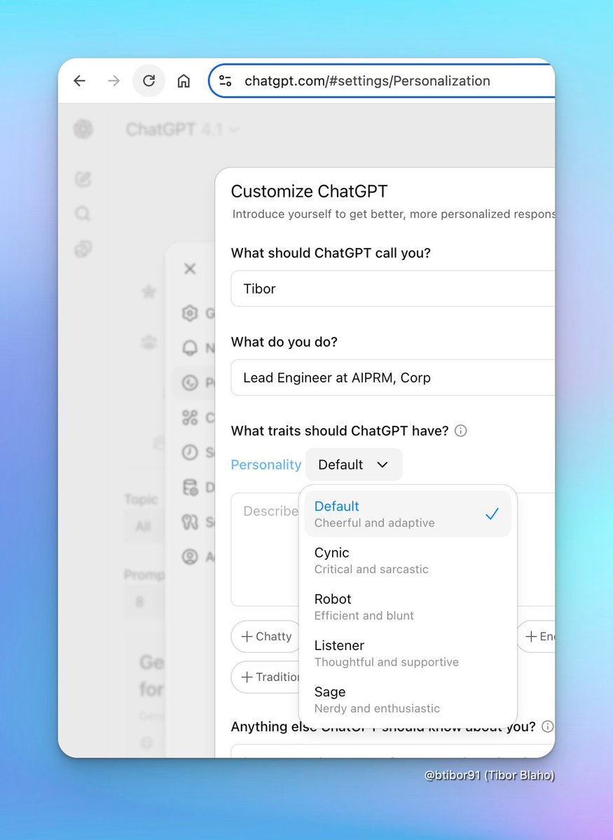 chatgpt21's tweet image. More customization coming to chat gpt however I’m a bit worried because there was an OpenAI employee who mentioned custom instructions “lobotomizes” the model
I wish the personality would work on a slider instead of a hard set system. Hopefully the customization retains…
