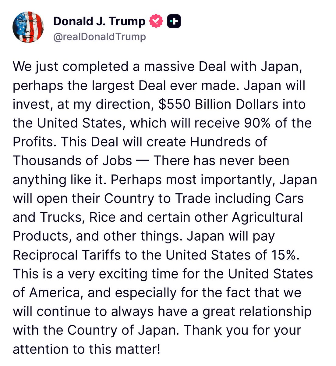 goto_finance's tweet image. 🇺🇸対日 相互関税15%に
トランプ大統領が日本への相互関税を15%にするとSNSに投稿しました。従来計画(25%)から引き下げで、「最も大きなディール」としています。投稿によれば「自動車、トラック、コメなど農産物、その他製品について、日本は開放する」とのことです。日経平均先物は上昇しています。