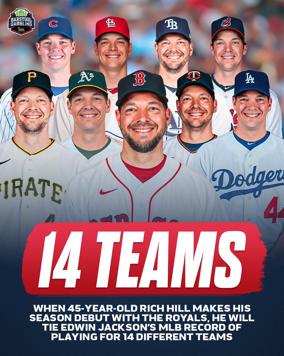 stoolgambling's tweet image. When Rich Hill makes his Royals debut, he will tie Edwin Jackson for the most teams (14) played for in MLB history @StoolBaseball