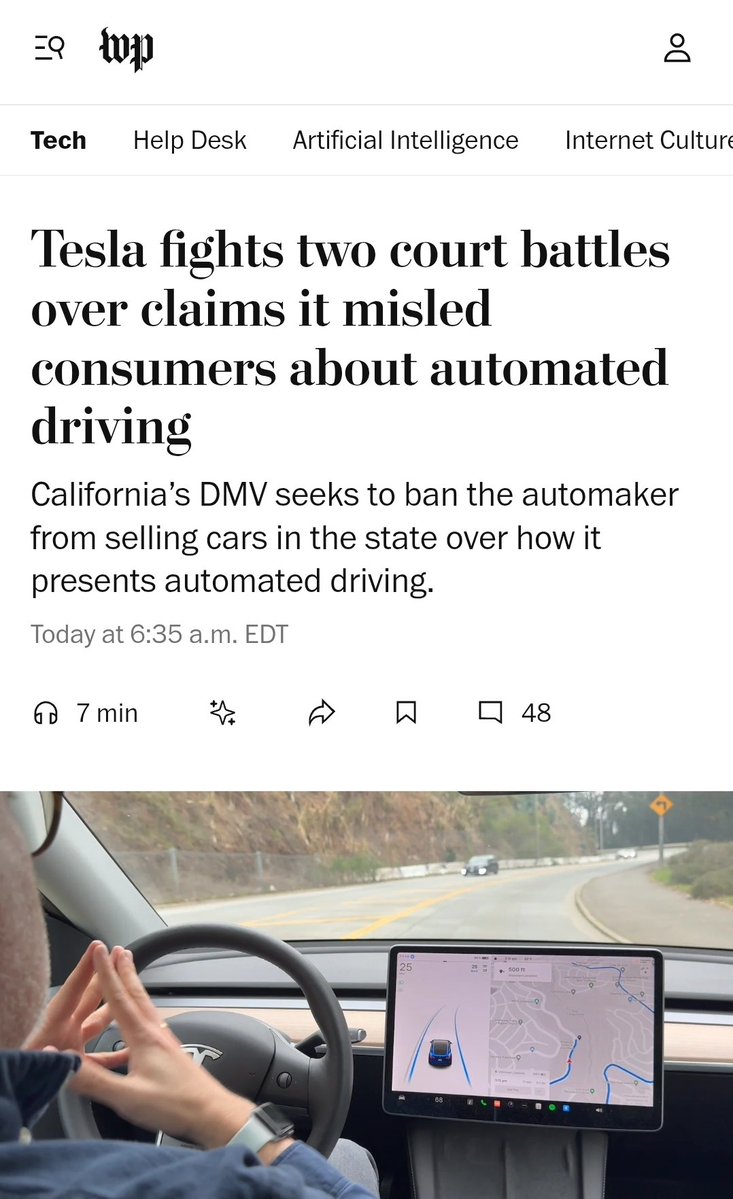 zeroshorts's tweet image. $TSLAQ $TSLA #FSD
"Melanie Rosario,...with the DMV, testified in court Monday that Tesla’s branding of its Autopilot and Full Self-Driving capabilities were “misleading” and “contradictory” because, she said, those terms imply a vehicle can drive itself."
washingtonpost.com/technology/202…