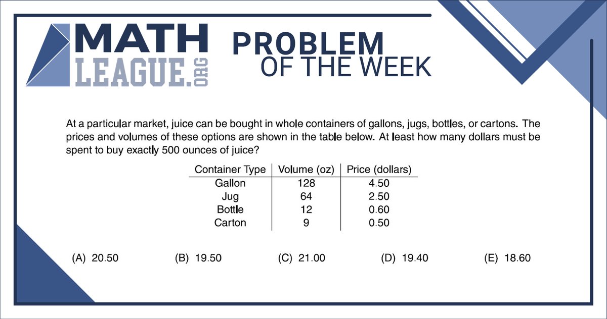 Here is our #elementaryschool #mathproblemoftheweek for July 22. Please give the problem a try: submit your answer at bit.ly/mathleaguepotw, and you could win a #prize!

Check back in a few days to see a video explanation of this problem. #mathcompetition #math #mathleague